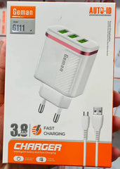 Geman G111 3.8A Fast Charger with AUTO-ID Technology – 3 USB Ports, Micro USB Cable