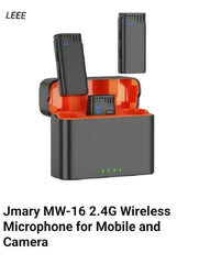 Jmary MW-16 All in One 2.4GHz Dual Wireless Microphone With Charging Case For Smart Mobiles Android iOS & DSLR / Mirrorless Cameras With Noise Cancellation